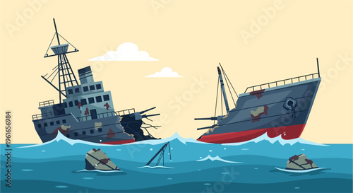 A cartoon illustration of a large shipwreck with two broken halves of a vessel sinking in the blue ocean.