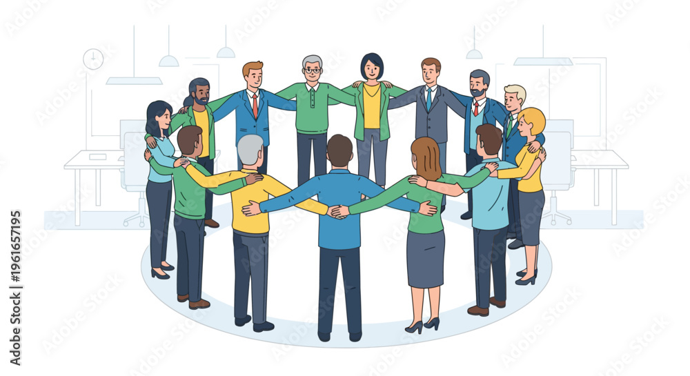 Obraz premium Diverse group of colleagues standing in a circle with arms around each other's shoulders, fostering a sense of unity and teamwork in a modern office environment