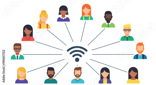Multicultural group of people connected digitally through wireless technology for communication