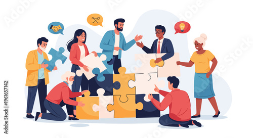 Teamwork and Collaboration Diverse Group Assembling Puzzle Pieces to Achieve Common Goals