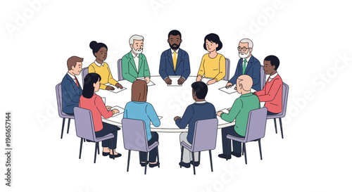 Diverse group of professionals collaborating in a round table meeting, fostering teamwork and inclusive discussions for global solutions
