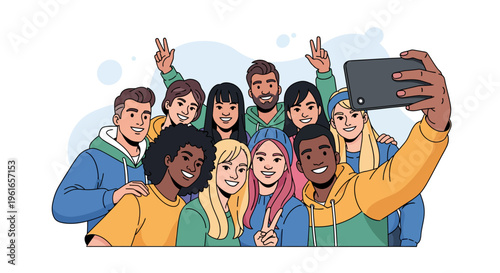 Diverse group of friends taking a selfie together, capturing a moment of shared joy and connection