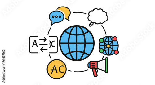 Global Communication and Translation Icons Representing Worldwide Connectivity and Information Exchange