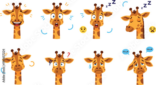 Cute Giraffe Emotions Set with Cartoon Animal Faces Showing Happy Sad Confused Sleepy and Crying Expressions for Emoji Stickers and Character Design