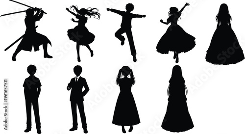 Anime character silhouette collection set, boys and girls in dynamic poses, dancing, action and fantasy figures, isolated black illustration on white background