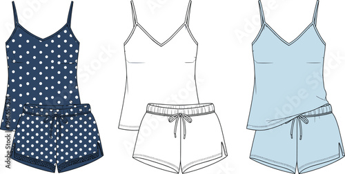 Women sleepwear pajama set vector illustration with camisole top and shorts, comfortable nightwear clothing collection isolated on white background fashion design