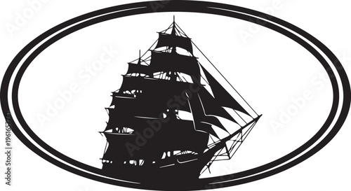 Vintage Sailing Ship Silhouette in Oval Frame