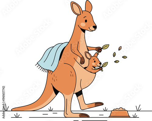 Cute Kangaroo Mother and Baby Illustration with Cartoon Animal Carrying Joey in Pouch Australian Wildlife Character Design for Nature and Family Concept