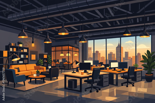 A modern office with a city view at sunset