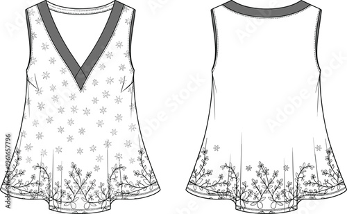 Women sleeveless V neck tunic top with floral pattern front and back view fashion technical sketch vector clothing template isolated on white background