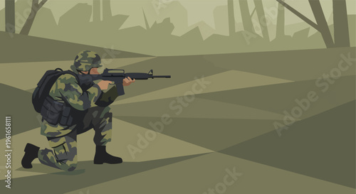Soldier aiming rifle. Military illustration. Flat design vector. Camouflage background. War concept.