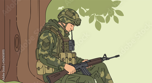 Soldier Resting. Military Personnel. Flat Illustration. Camouflage Uniform. Stock Art.