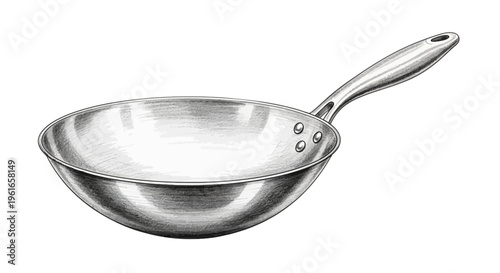 Wok pan, cooking utensil, kitchenware, metallic, isolated on white background