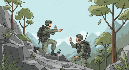 Military Soldiers in Mountainous Terrain. Tactical Operation Illustration. Communication and Strategy Vector Art.