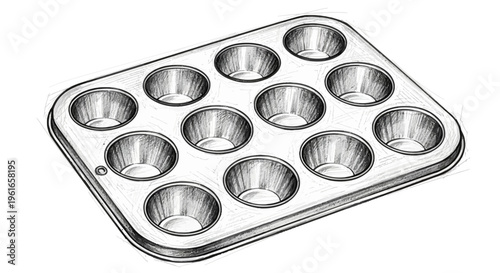 Baking Tray with 12 Muffin Cups - Hand Drawn Sketch