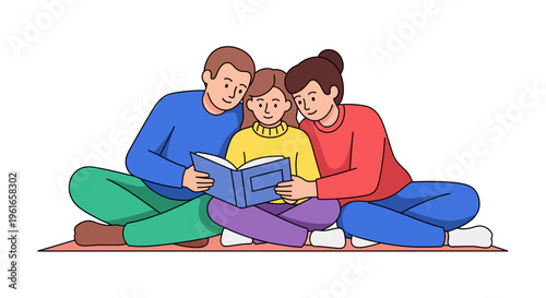 A heartwarming illustration of a family sharing a story, sitting together and reading a book