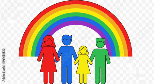 Diverse family holding hands under a vibrant rainbow, symbolizing unity and love