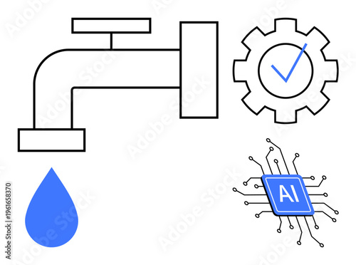 Sustainability, technology, resource management, artificial intelligence, quality control, innovation. A water tap with droplet, AI chip and gear with checkmark. Focus on sustainability