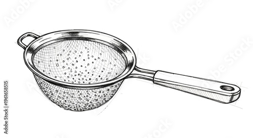 Hand-drawn illustration of a sieve with a long handle, isolated on white background