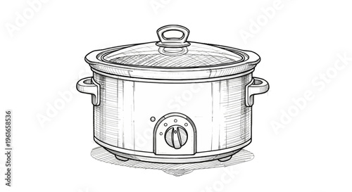 Hand-drawn illustration of a slow cooker with glass lid and control dial