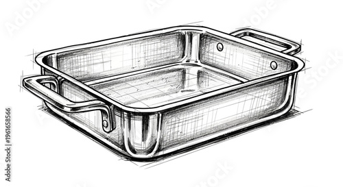 Hand-drawn illustration of a stainless steel roasting pan with handles