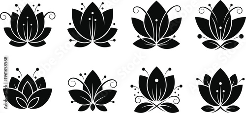 Collection of eight unique black floral designs with leaves and decorative elements on a white background for tattoo or graphic use