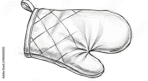 Hand-drawn oven mitt sketch, kitchen accessory, baking protection, quilted fabric texture