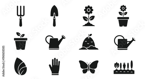 Gardening icons, vector set of 12, black silhouette gardening tools and plants, gardening symbols, garden icons