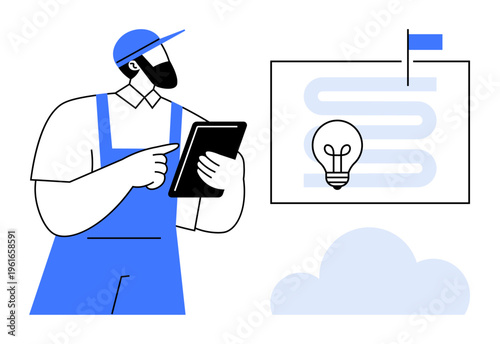 Idea generation concept. Worker using a tablet to assess plans and innovation. Idea with lightbulb symbol. Reflecting creativity, problem-solving, and innovation. Great for education, business
