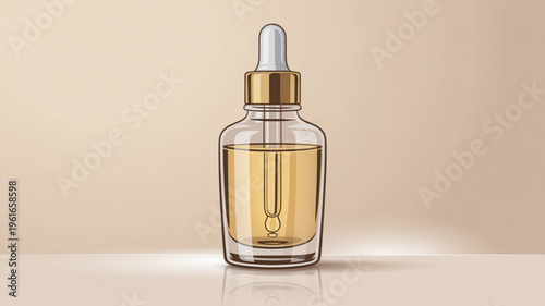 Golden serum in a glass dropper bottle with gold cap on beige background skincare and beauty product concept