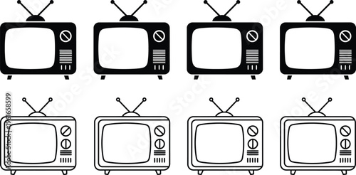 A collection of retro television icons displayed in two rows with black and white variations shown