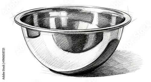 Hand-drawn sketch of a metallic mixing bowl on a white background