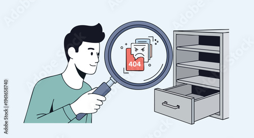 Man searching for missing data, 404 error, empty filing cabinet. Data loss concept illustration.