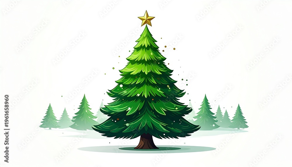 Obraz premium Cartoon illustration of a vibrant green Christmas tree with a golden star on top
