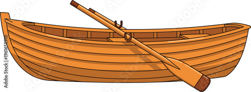 Wooden rowboat with oars isolated on white background, classic small boat illustration showing traditional craftsmanship, marine transport concept and simple nautical vessel design