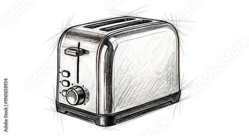 Retro toaster sketch, chrome kitchen appliance, breakfast, vintage style drawing