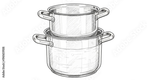 Stack of two metal cooking pots, sketch illustration