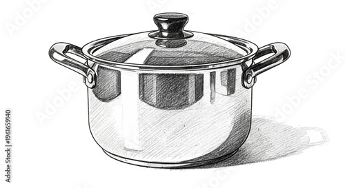 Stainless steel cooking pot with glass lid, sketch illustration