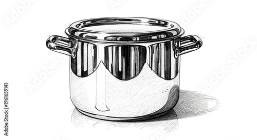 Stainless steel cooking pot with lid, hand-drawn illustration