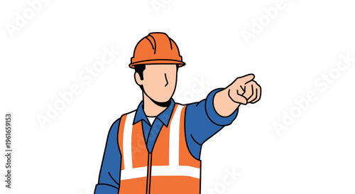 Professional construction worker in safety gear pointing forward, illustrating guidance, instruction, and safety on a job site
