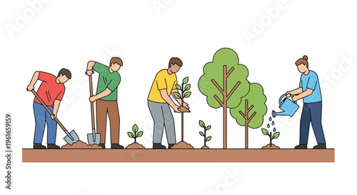 Illustration showing people planting trees and caring for them in a garden environment
