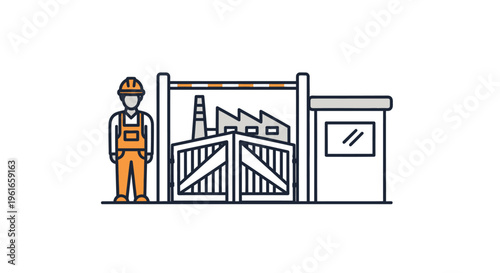 Industrial factory entrance with a worker in a hard hat, illustrating gate security and operational access management