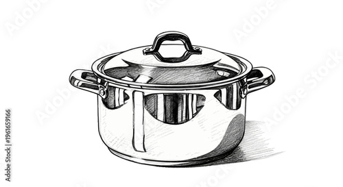 Stainless steel cooking pot with lid, sketch illustration