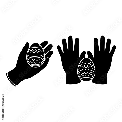 Decorative eggs held by a pair of hands and child-sized gloves Vector, illustration