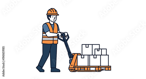 Dedicated logistics professional in safety uniform efficiently operates a manual pallet jack, moving boxes on a wooden pallet