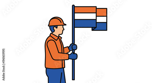 A construction worker in an orange helmet and gloves holds a Dutch flag, symbolizing work and national pride