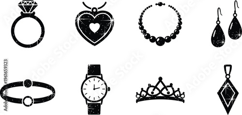 A collection of luxury jewelry items including rings heart necklace earrings bracelet watch tiara and pendant