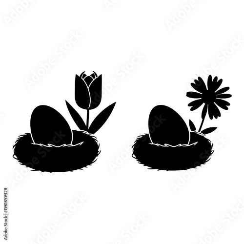 Two eggs sprouting into contrasting flowers from nests in a whimsical illustration Vector, illustration