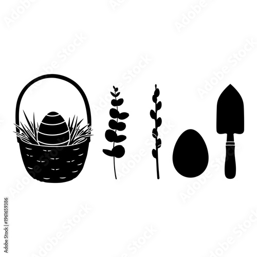 Easter symbols including basket with egg, plants, and gardening tool Vector, illustration