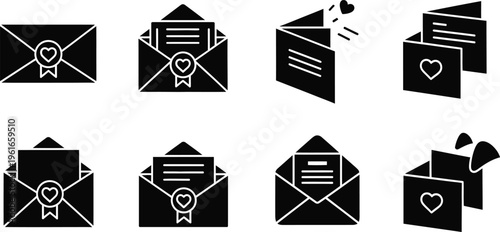 Collection of black and white envelope icons with various designs and states